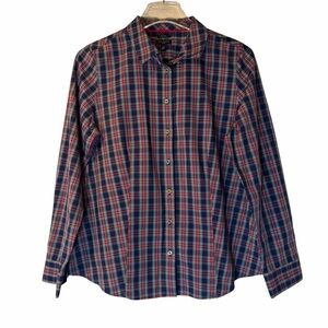 Talbots Navy Red Tartan Plaid Button Up Shirt Collar Stretch No-Iron 10 Petite